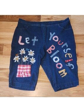 Upcycled Let Yourself Bloom Denim Shorts with stitched floral in a pocket
